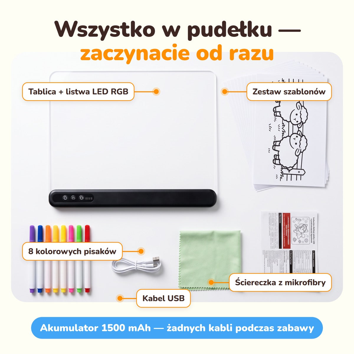 Co jest w zestawie: tablica z listwą LED RGB, 8 pisaków, szablony, kabel USB-C, ściereczka