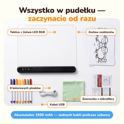 Co jest w zestawie: tablica z listwą LED RGB, 8 pisaków, szablony, kabel USB-C, ściereczka