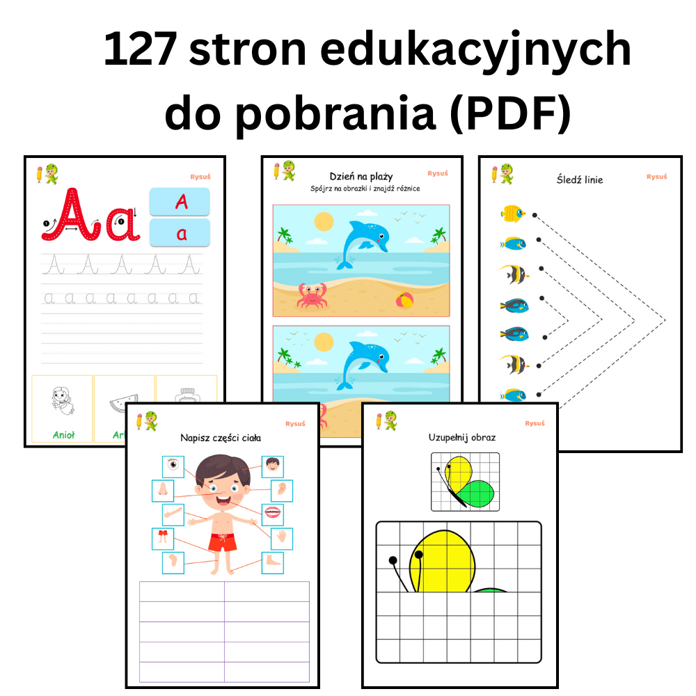 Pakiet do nauki i zabawy dla dzieci - polski alfabet pisany, zagadki, anagramy, śledź linie, znajdź róznice (127 stron - PDF) - Rysuś