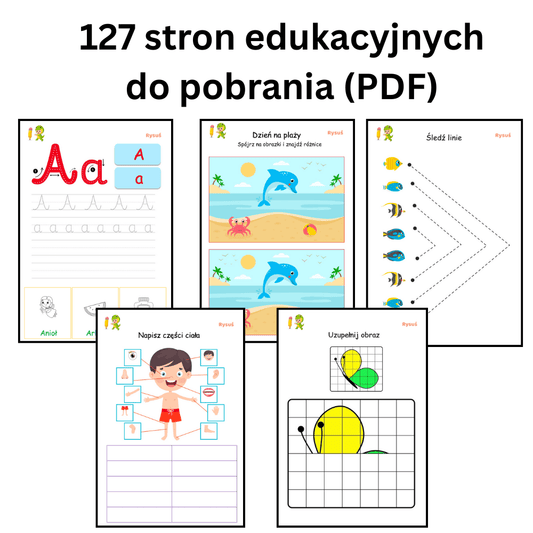 Pakiet do nauki i zabawy dla dzieci - polski alfabet pisany, zagadki, anagramy, śledź linie, znajdź róznice (127 stron - PDF) - Rysuś